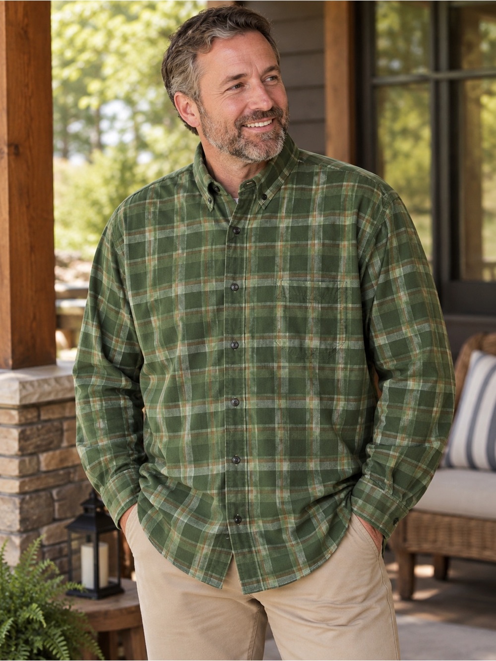 Roundtree & Yorke Men’s 100% Cotton Olive Plaid Shirt XXL NWT